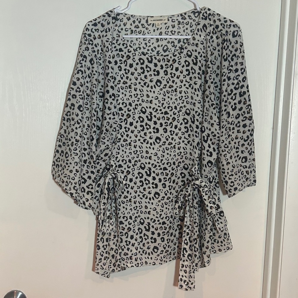 Ee:some Leopard Print Side Tie Kimono Sleeve Blouse Cream Black Tan Medium